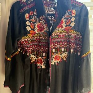 Johnny Was Black Blouse with Multicolor Floral Embroidery